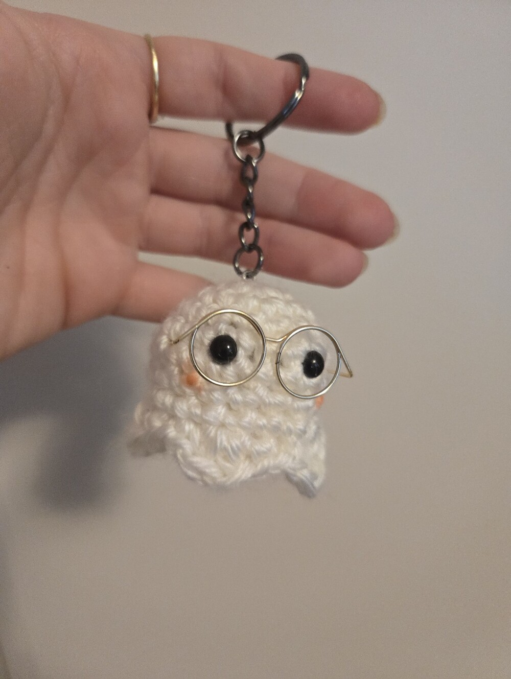 Handmade White Crochet Ghost Keychain with Glasses